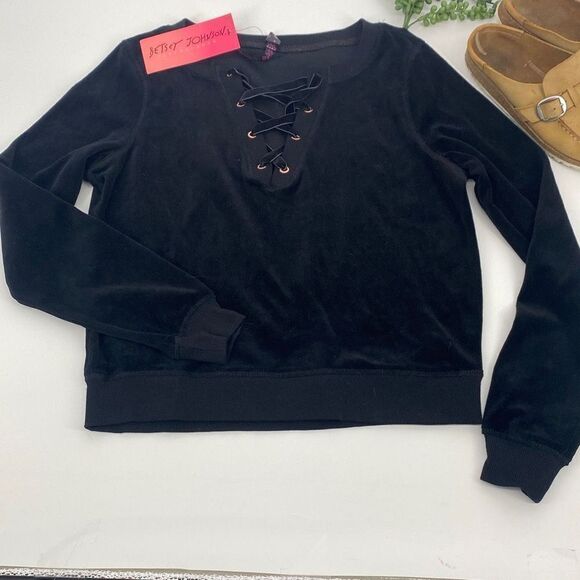 Betsey Johnson Performance Velour Criss-Cross Pullover Sweatshirt Black Small Ne - Picture 2 of 14